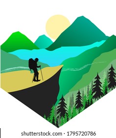 Diseño plano exagerado Símbolo de senderismo con elemento natural la silueta de hombre parado desde el punto superior 