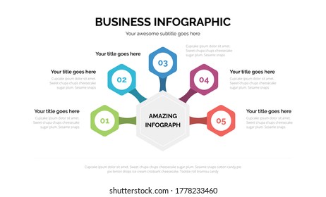 Hexagonal flat diagram infographic with five steps included. Suitable for presentation with 16x9 aspect ratio