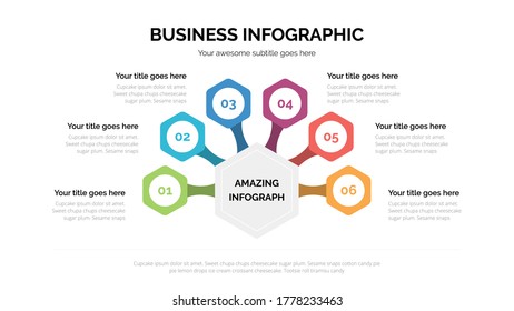 Hexagonal flat diagram infographic with six steps included. Suitable for presentation with 16x9 aspect ratio