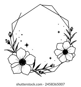 Hexagonal floral frame featuring a large empty center space, adorned with a simplistic flower design and foliage, and small stars scattered around