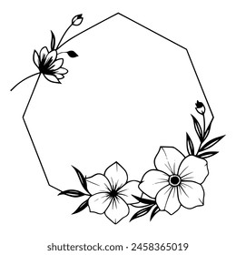 Hexagonal floral frame featuring a large empty center space, adorned with a simplistic flower design and foliage, and small stars scattered around