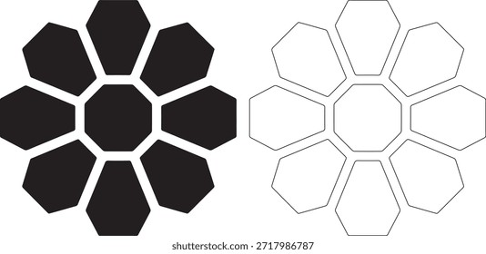 Formas florales hexagonales, una rellenada de negro y la otra con un contorno punteado, mostradas una al lado de la otra sobre un fondo blanco para enfatizar su diseño geométrico.