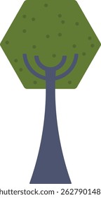 A hexagonal foliage canopy tops a slender trunk in a geometric abstraction.  This minimalist botanical emblem uses sharp lines and solid forms to depict a stylized plant. Cartoon vector illustration