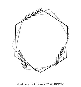 The hexagonal frame is decorated with flowers in a minimalist style. Vector illustration of line art.