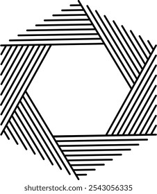 A hexagonal frame design created by parallel black lines arranged in six triangular sections, each filled with diagonal lines of decreasing length radiating outward, against a white background.