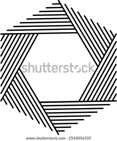 A hexagonal frame design created by parallel black lines arranged in six triangular sections, each filled with diagonal lines of decreasing length radiating outward, against a white background.