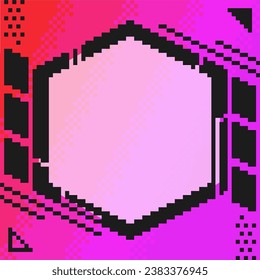 Hexagonal frame with futuristic mechanical illustration, pixel art style, pink gradient background