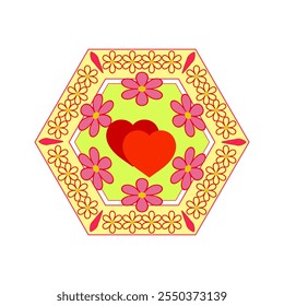 Hexagonal frame with hearts, flowers inside. Fashion graphic photograph design. Modern stylish texture. Colorful template for prints, banner, photo, border. Design element. Vector illustration