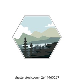 Marco hexagonal Paisaje Wildlife Mountain. para insignia de etiqueta engomada