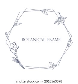 Hexagonal frame with leaves and flowers vector illustration. Simple botanical natural frame for cards and invitations. Hand drawing.