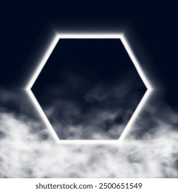 Hexagonal frame with led light and rising smoke. 3D vector illustration isolated on dark background.