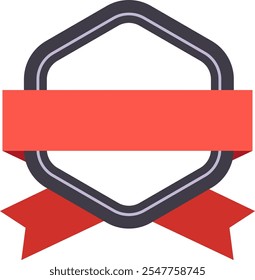 Hexagonal frame with red ribbons embracing it creating a badge with white copy space, ideal for certifications or vintage logos