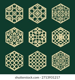 Sechseckiges Gitterset für Gitter. Verzierte geometrische Öffnungsvorlage für Laserschneiden oder CNC-Maschine.