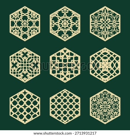 Hexagonal Fretwork Grille Set. Ornate Geometric Openwork Template for Laser Cutting or CNC Machine.