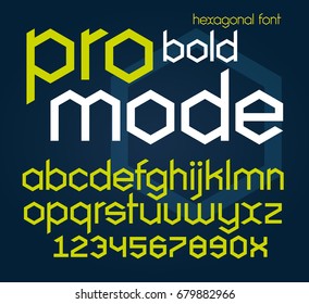 Hexagonal futuristic bold font. Vector alphabet illustration of english letters and numbers in modern geometric style.