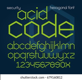 Hexagonal futuristic font. Vector alphabet illustration of english letters and numbers in modern geometric style.