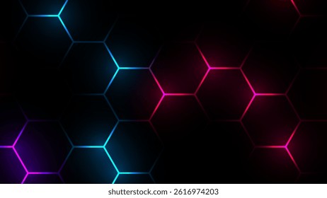 Hexagonal gaming honeycomb abstract background. Hexagon technology futuristic dark vector abstract background with blue and pink colored bright flashesunder hexagon. 