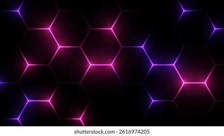 Hexagonal gaming honeycomb abstract background. Hexagon technology futuristic dark vector abstract background with blue and pink colored bright flashesunder hexagon. 