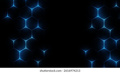 Hexagonal gaming honeycomb abstract background. Hexagon technology futuristic dark vector abstract background with blue and pink colored bright flashesunder hexagon. 