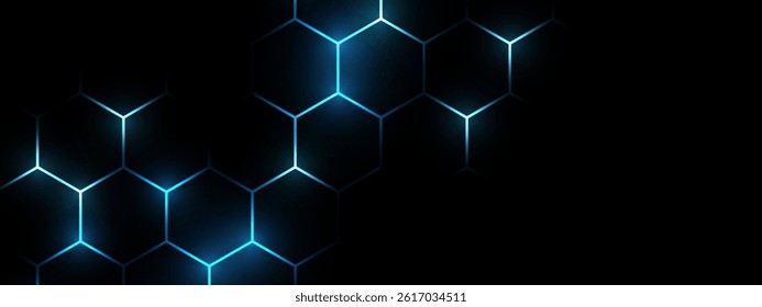 Hexagonal gaming honeycomb abstract background. Hexagon technology futuristic dark vector abstract background with blue and pink colored bright flashesunder hexagon. 