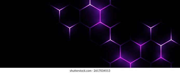 Hexagonal gaming honeycomb abstract background. Hexagon technology futuristic dark vector abstract background with blue and pink colored bright flashesunder hexagon. 