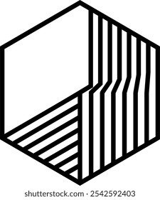 Un diseño de logotipo geométrico hexagonal con líneas negras que crean un efecto cúbico tridimensional abstracto a través de líneas paralelas y dibujo en perspectiva sobre un fondo blanco.