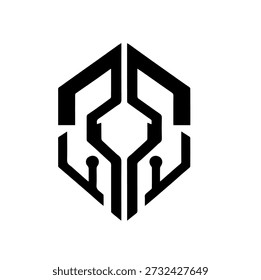 Logotipo geométrico hexagonal, forma abstracta moderna, líneas entrelazadas, emblema tecnológico o científico, ícono de Vector minimalista, diseño limpio en blanco y negro.