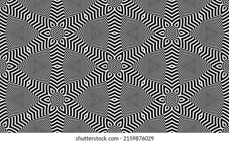 Hexagonal geometric seamless pattern. Repeatable ornament of black stripes and shapes.
