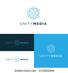 Hexagonal geometrical net web design logo icon set with letter U,simple lines.Honeycomb blue logotypes,labels,emblems,elements for Unity Media brand