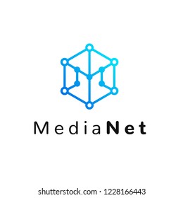 Hexagonal geometrical social network logo icon with letter M, simple lines.Honeycomb blue logotype, label, emblem, element for net web design