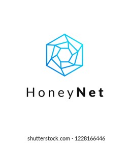 Hexagonal geometrical social network logo icon, simple lines.Honeycomb blue logotype, label, emblem, element for net web design