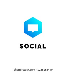 Hexagonal geometrical social network logo icon with speech bubble, simple lines.Honeycomb blue logotype, label, emblem, element for net web design