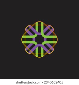 Hexagonal Geometrical symbol design with green and purple color 