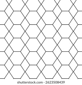 Hexagonal Geometry seamless pattern. Vector graphic line illustration. Black and white abstract Banner, poster, wrapping paper, sticker, print, modern textile design.
