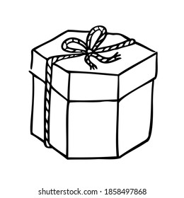 Hexagonal gift box. Polygonal. Tied with rope, with a bow on the lid on top. Contour drawing by hand, vector. 