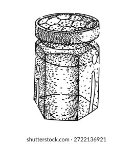 Frasco de vidro hexagonal contendo mel natural, com uma tampa texturizada apresentando um padrão de favo de mel, apresentado como uma ilustração de esboço desenhado à mão preto e branco em estilo vintage