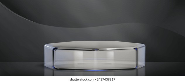 Hexagonal glass platform on abstract black background. Vector realistic illustration of transparent plastic podium for luxury product presentation, empty plexiglass stage mockup with glossy surface