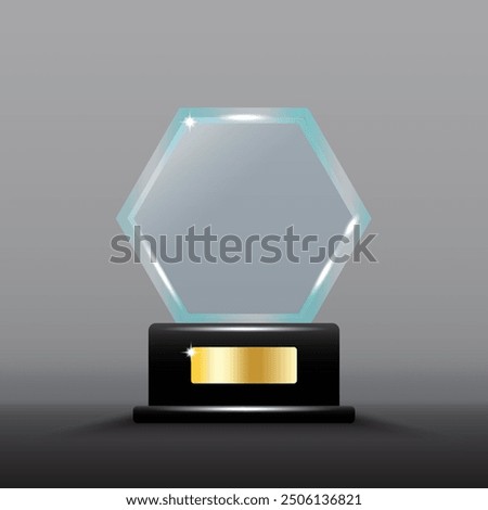 Hexagonal glass trophy. Shiny gold plaque detail. Dark grey background. Elegant vector design.