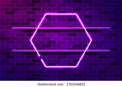 Hexagonal glowing purple neon frame. Realistic vector illustration. Purple brick wall, violet glow, metal holders.