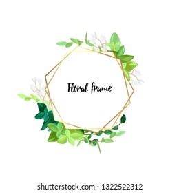 Hexagonal gold frame with white flowers, eucalyptus leaves and succulent plants. Modern minimalistic vector design.