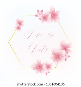 Marco dorado exagerado con flores de sakura rosadas realistas. Guarda la fecha. Estilo de malla de degradado. Se puede usar como invitación a una boda, compromiso, diseño web, impresión, banners.