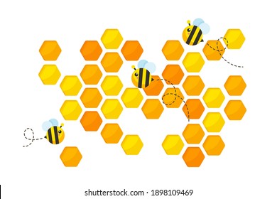 Hexagonal golden yellow honeycomb pattern paper cut background with bee and sweet honey inside.