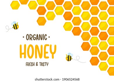 Hexagonal golden yellow honeycomb pattern paper cut background with bee and sweet honey inside.