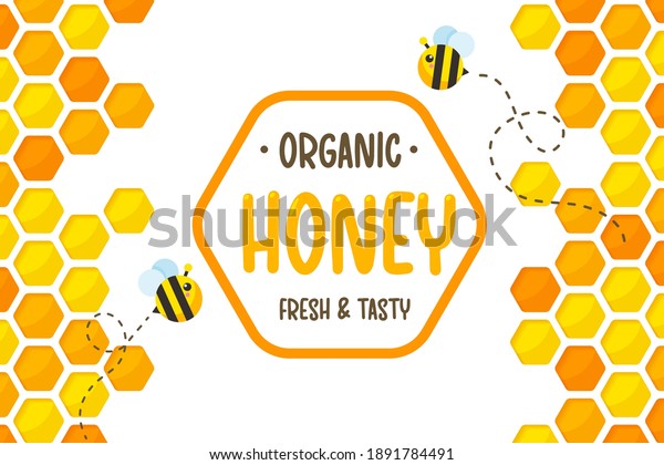 Hexagonal golden\
yellow honeycomb pattern paper cut background with bees flying\
around with sweet honey\
inside.