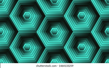 hexagonal gradient grid seamless pattern in blue turquoise black shades