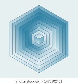 hexagonal gradient symbol with cubic center in retro clear blue