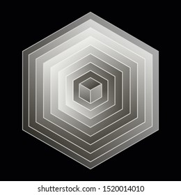 hexagonal gradient symbol with cubic center in silver on black