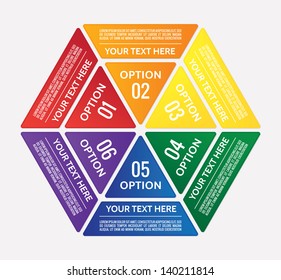 Hexagonal graphic table divided into colorful triangle tabs