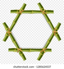 Hexagonal green wooden border frame made of realistic bamboo stems with rope and copy space for text or image. Vector clip art, banner, template or photo frame isolated on transparent background