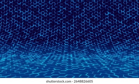 Hexagonal Grid Background. Hexagon Digital Floor Pattern with 3D Perspective. Technology Science Tech Abstract Mesh in Blue Tones. Ideal for Sci-Fi and Virtual Designs. Vector Illustration.